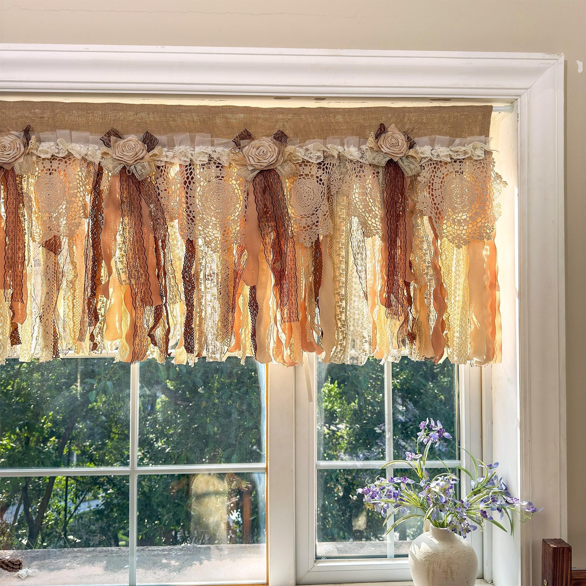 Rustic Burlap Beige Brown Lace Bedroom Valance - UDreamHome