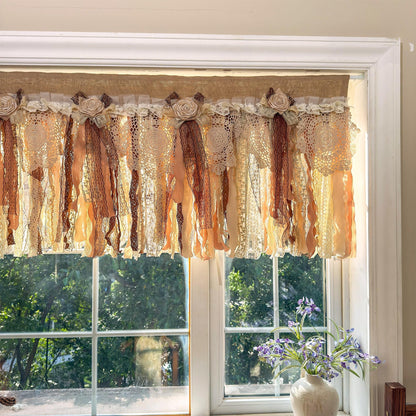 Rustic Burlap Beige Brown Lace Bedroom Valance - UDreamHome