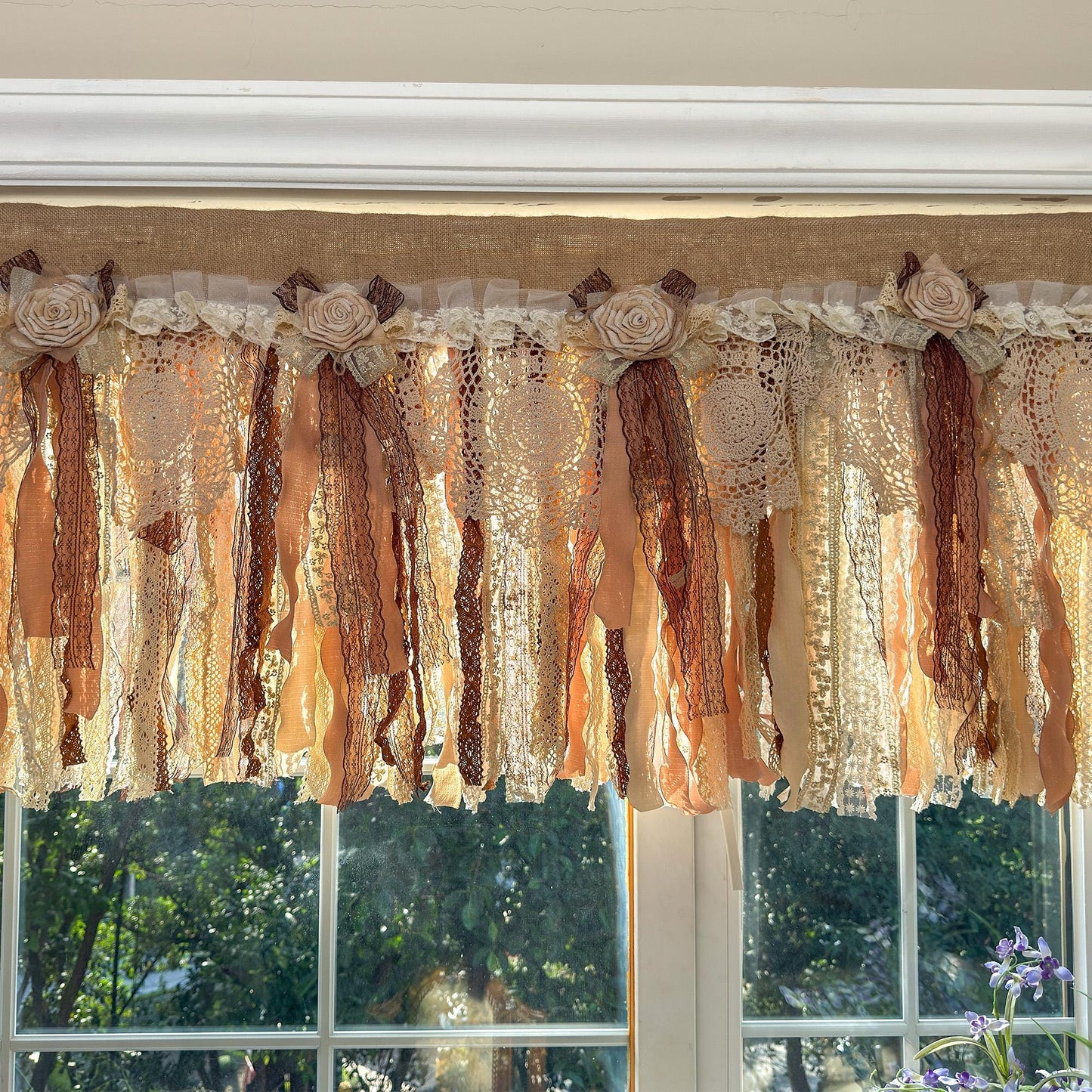 Rustic Burlap Beige Brown Lace Bedroom Valance - UDreamHome