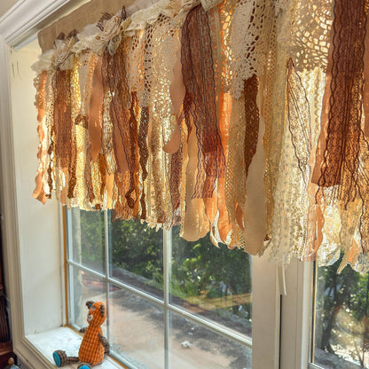 Rustic Burlap Beige Brown Lace Bedroom Valance - UDreamHome