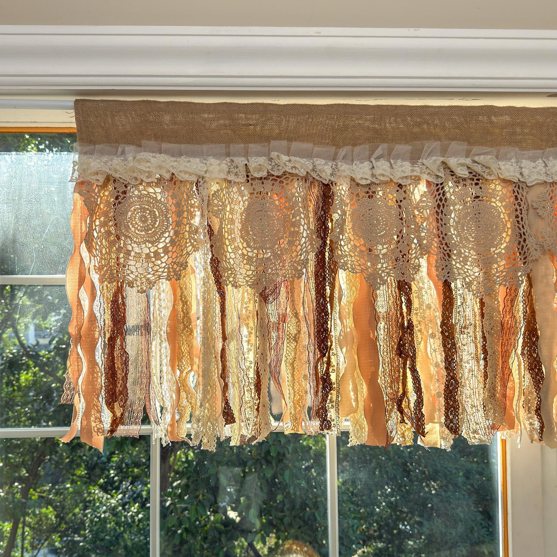 Rustic Burlap Beige Brown Lace Bedroom Valance - UDreamHome