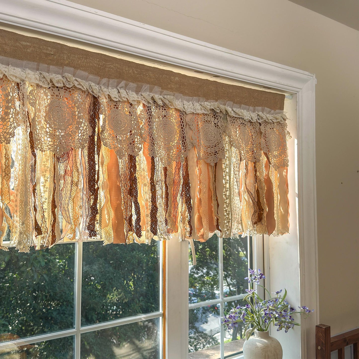 Rustic Burlap Beige Brown Lace Bedroom Valance - UDreamHome