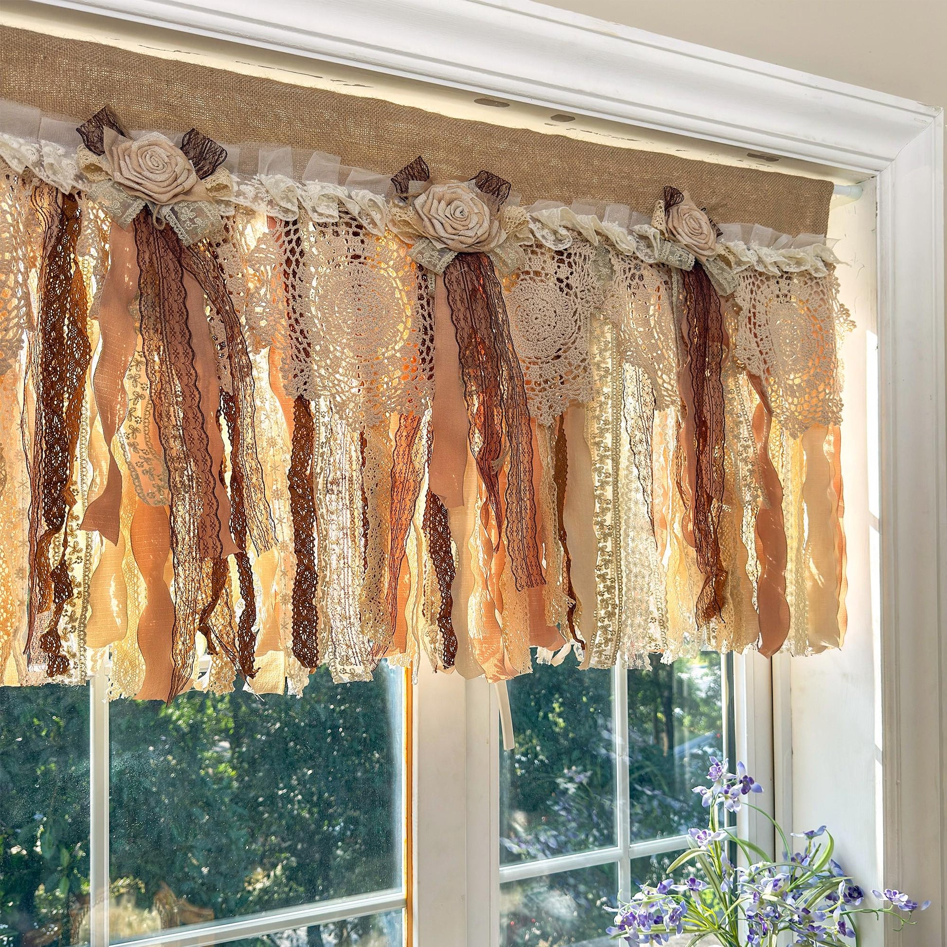 Rustic Burlap Beige Brown Lace Bedroom Valance - UDreamHome