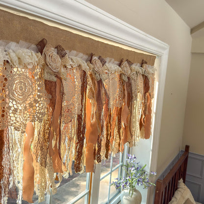 Rustic Burlap Beige Brown Lace Bedroom Valance - UDreamHome