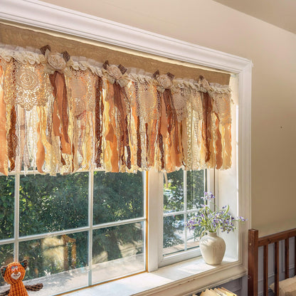 Rustic Burlap Beige Brown Lace Bedroom Valance - UDreamHome