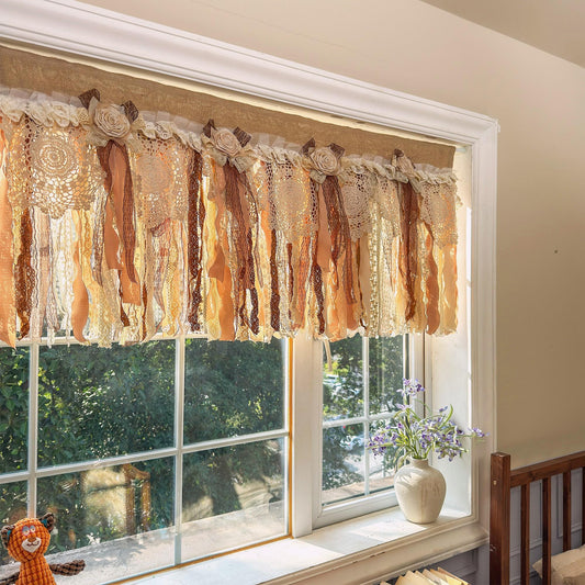 Rustic Burlap Beige Brown Lace Bedroom Valance - UDreamHome