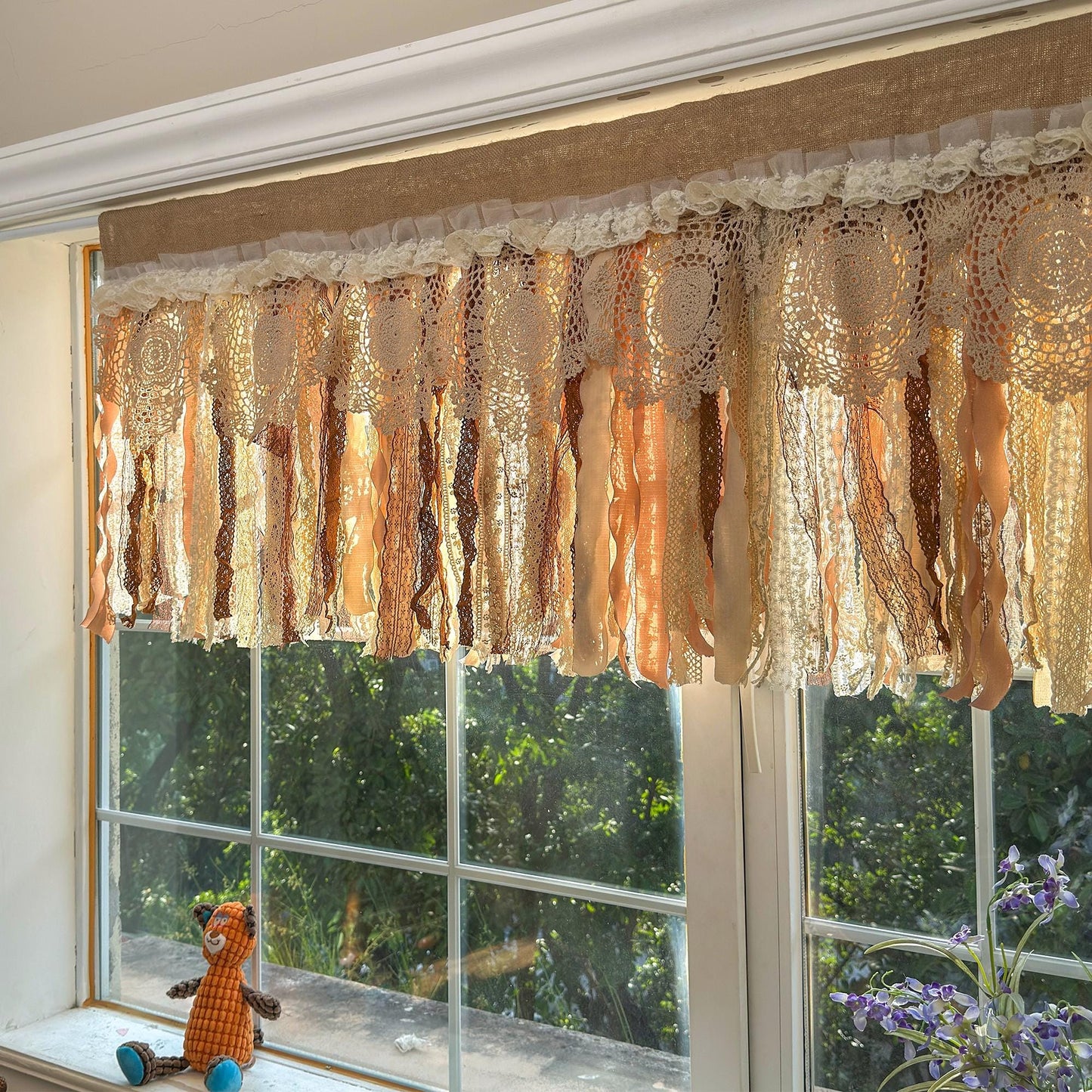 Rustic Burlap Beige Brown Lace Bedroom Valance - UDreamHome
