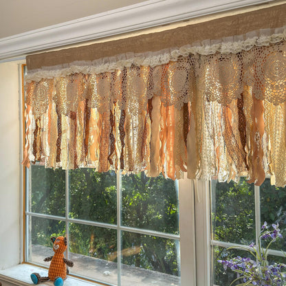 Rustic Burlap Beige Brown Lace Bedroom Valance - UDreamHome