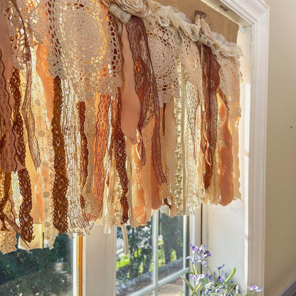 Rustic Burlap Beige Brown Lace Bedroom Valance - UDreamHome