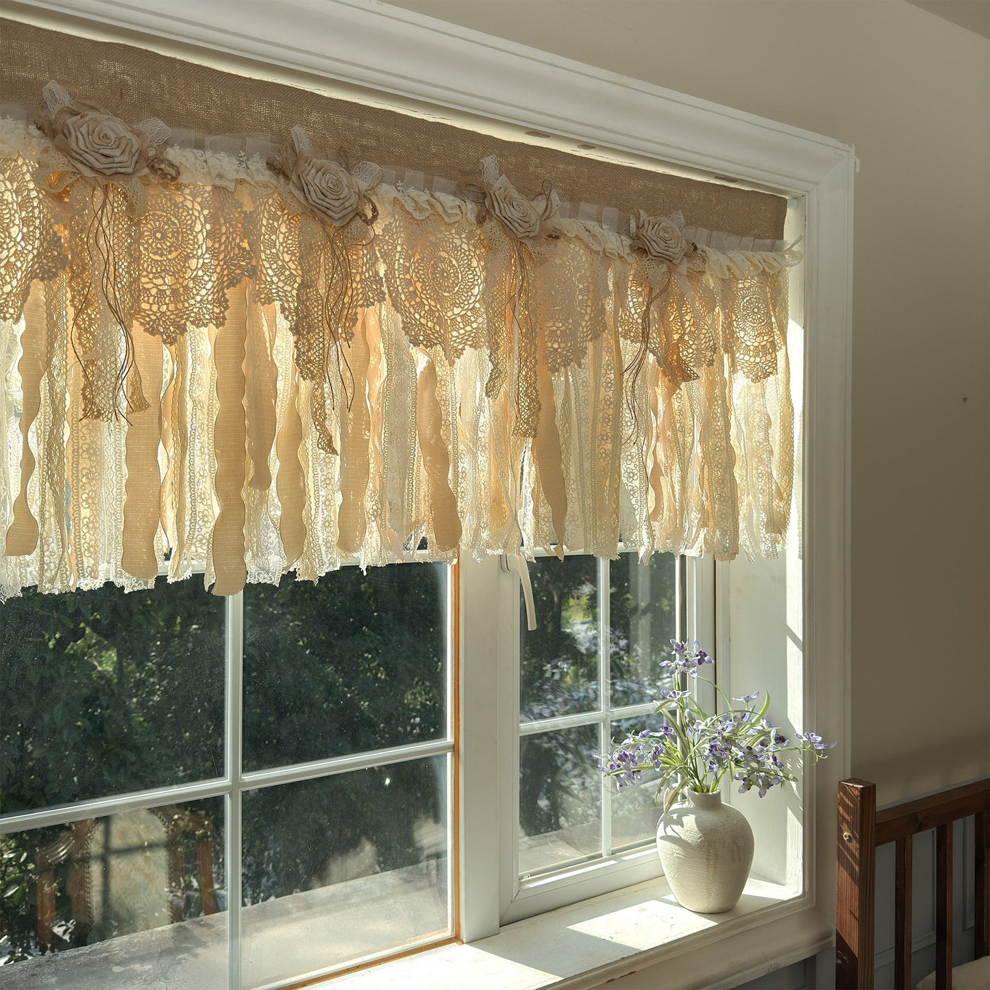 Rustic Burlap Beige Brown Lace Valance - UDreamHome
