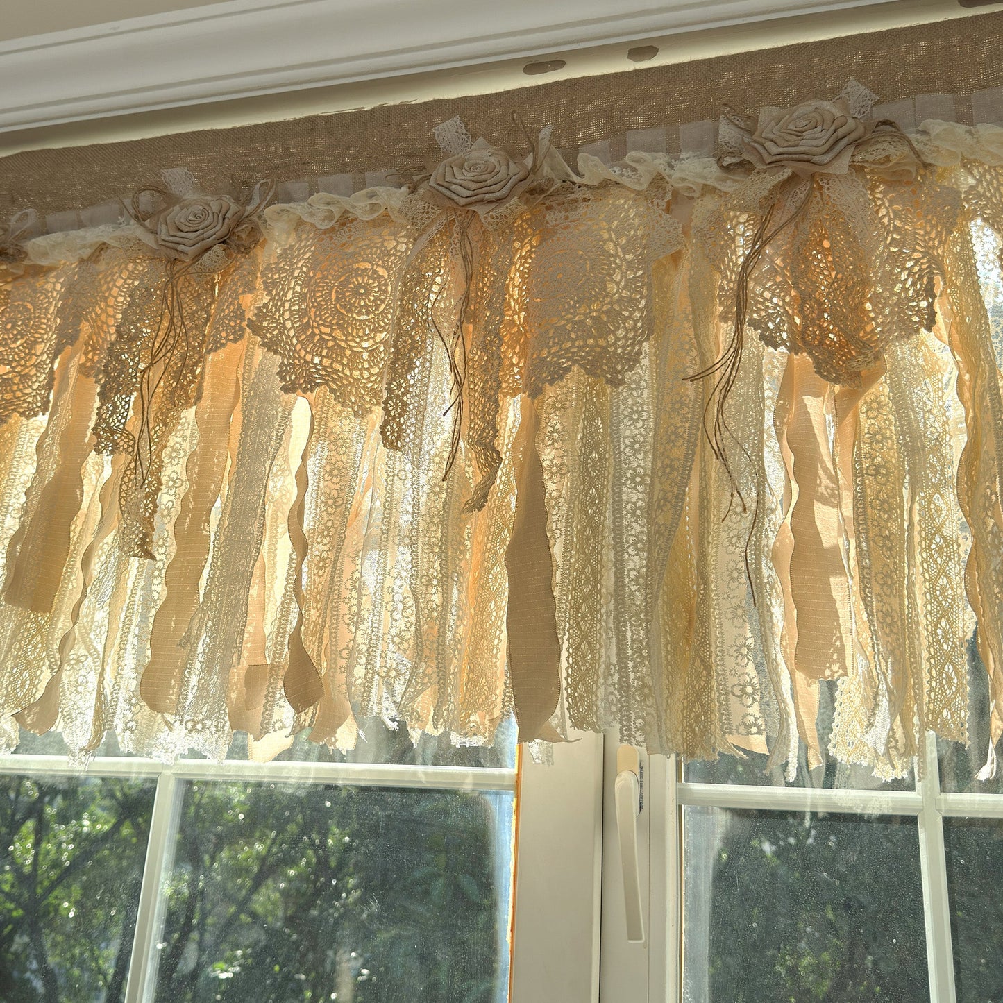 Rustic Burlap Beige Brown Lace Valance - UDreamHome