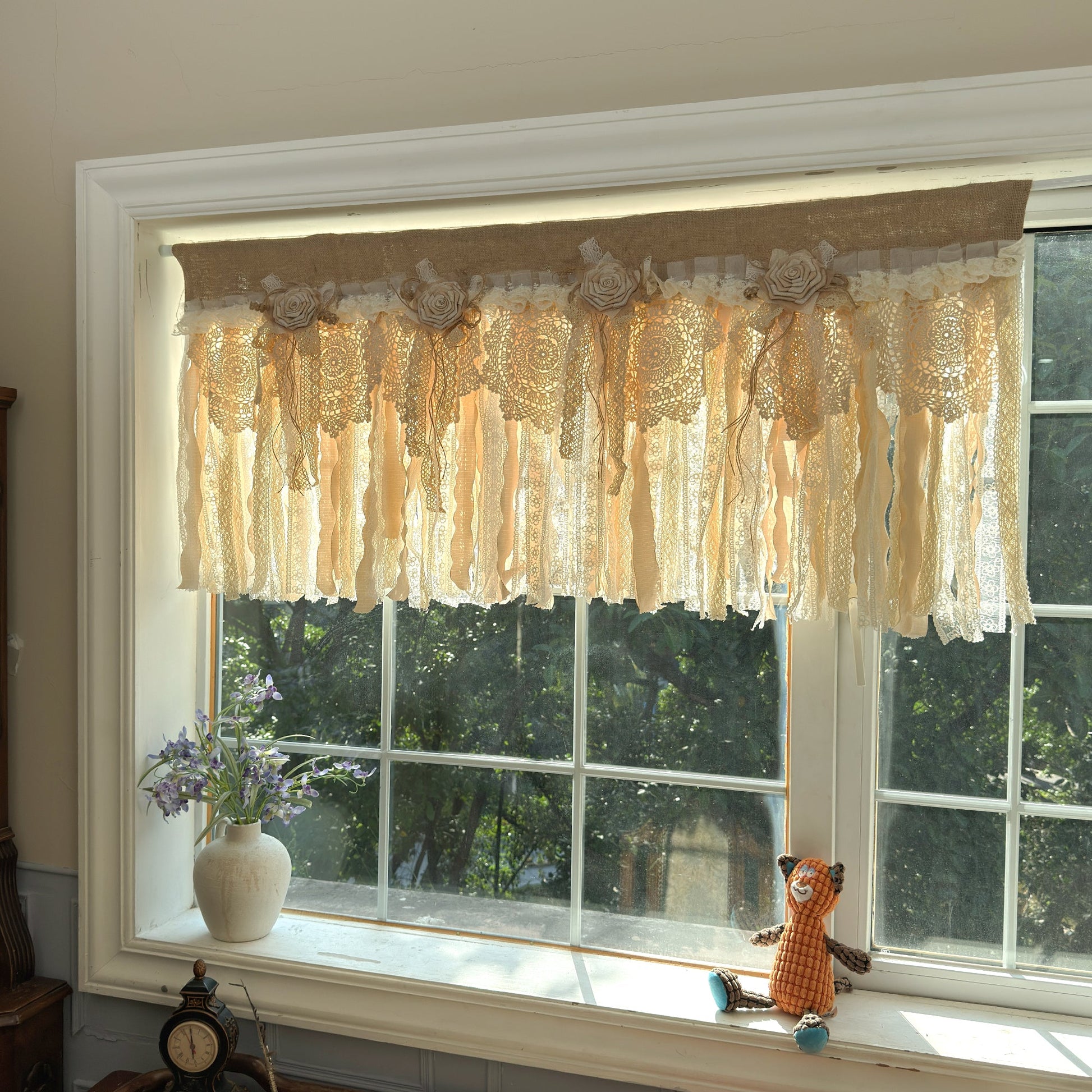 Rustic Burlap Beige Brown Lace Valance - UDreamHome