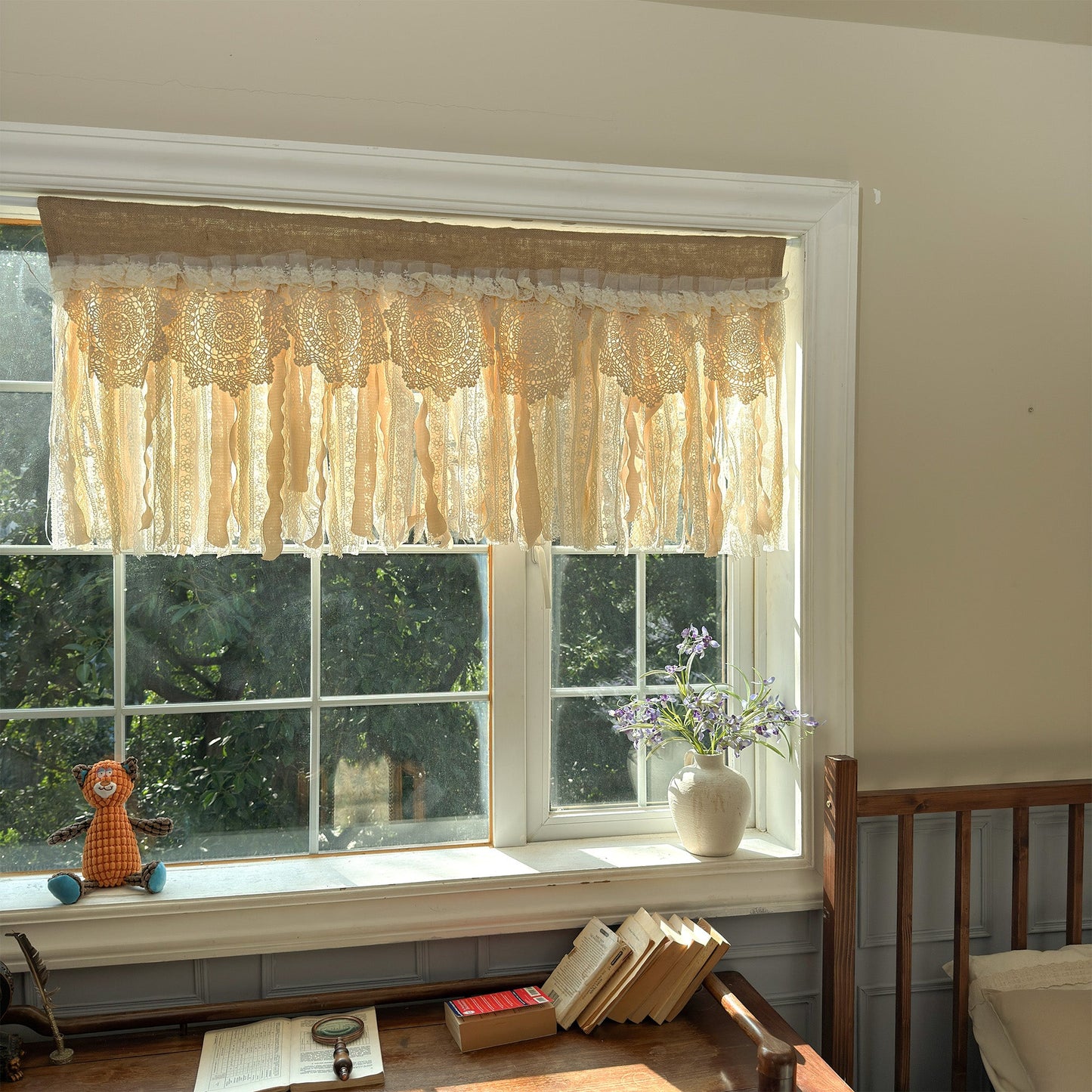 Rustic Burlap Beige Brown Lace Valance - UDreamHome