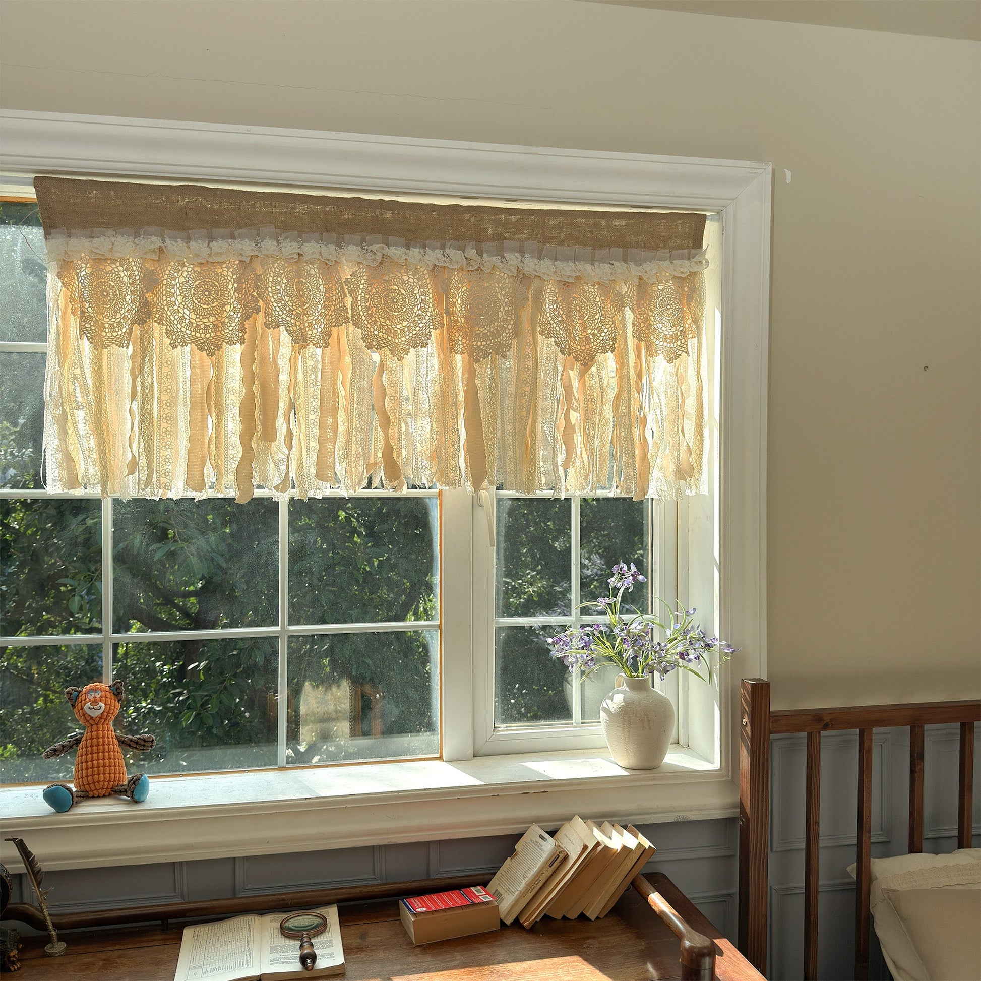 Rustic Burlap Beige Brown Lace Valance - UDreamHome