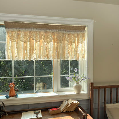 Rustic Burlap Beige Brown Lace Valance - UDreamHome