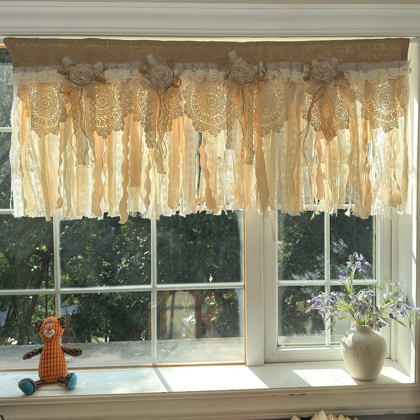 Rustic Burlap Beige Brown Lace Valance - UDreamHome