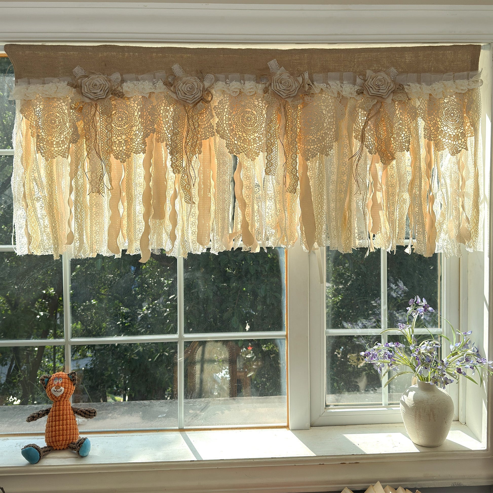 Rustic Burlap Beige Brown Lace Valance - UDreamHome