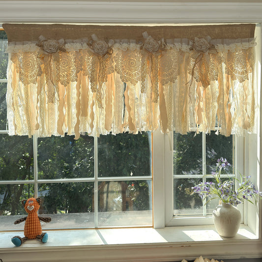 Rustic Burlap Beige Brown Lace Valance - UDreamHome