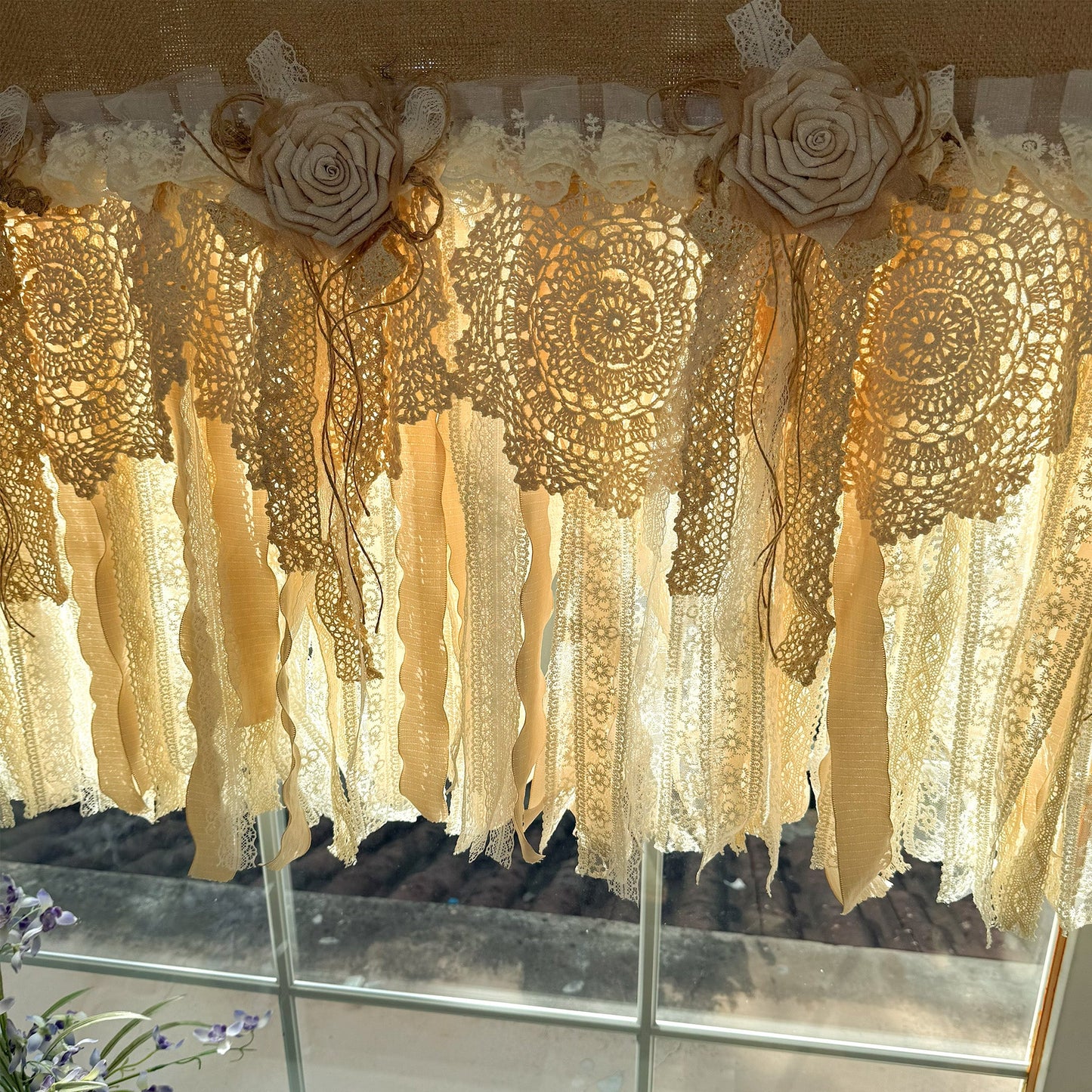 Rustic Burlap Beige Brown Lace Valance - UDreamHome