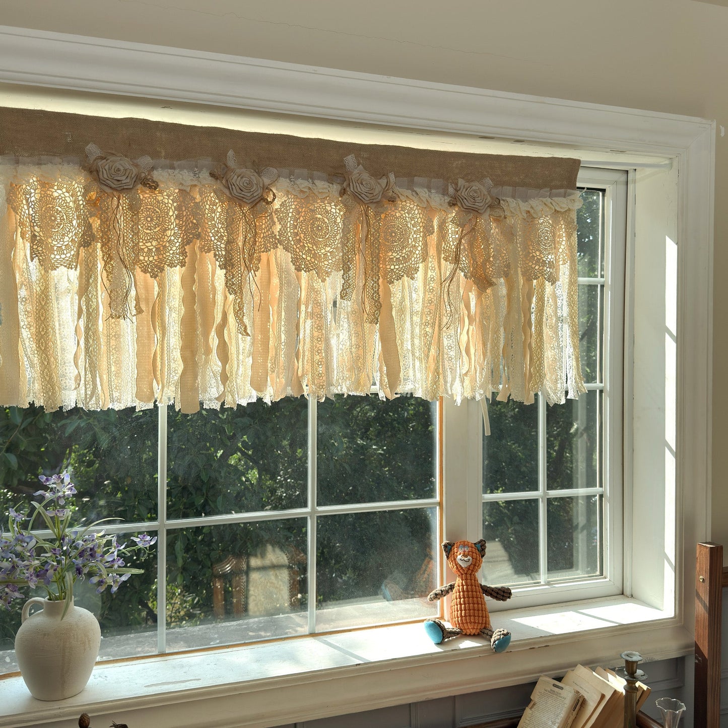 Rustic Burlap Beige Brown Lace Valance - UDreamHome