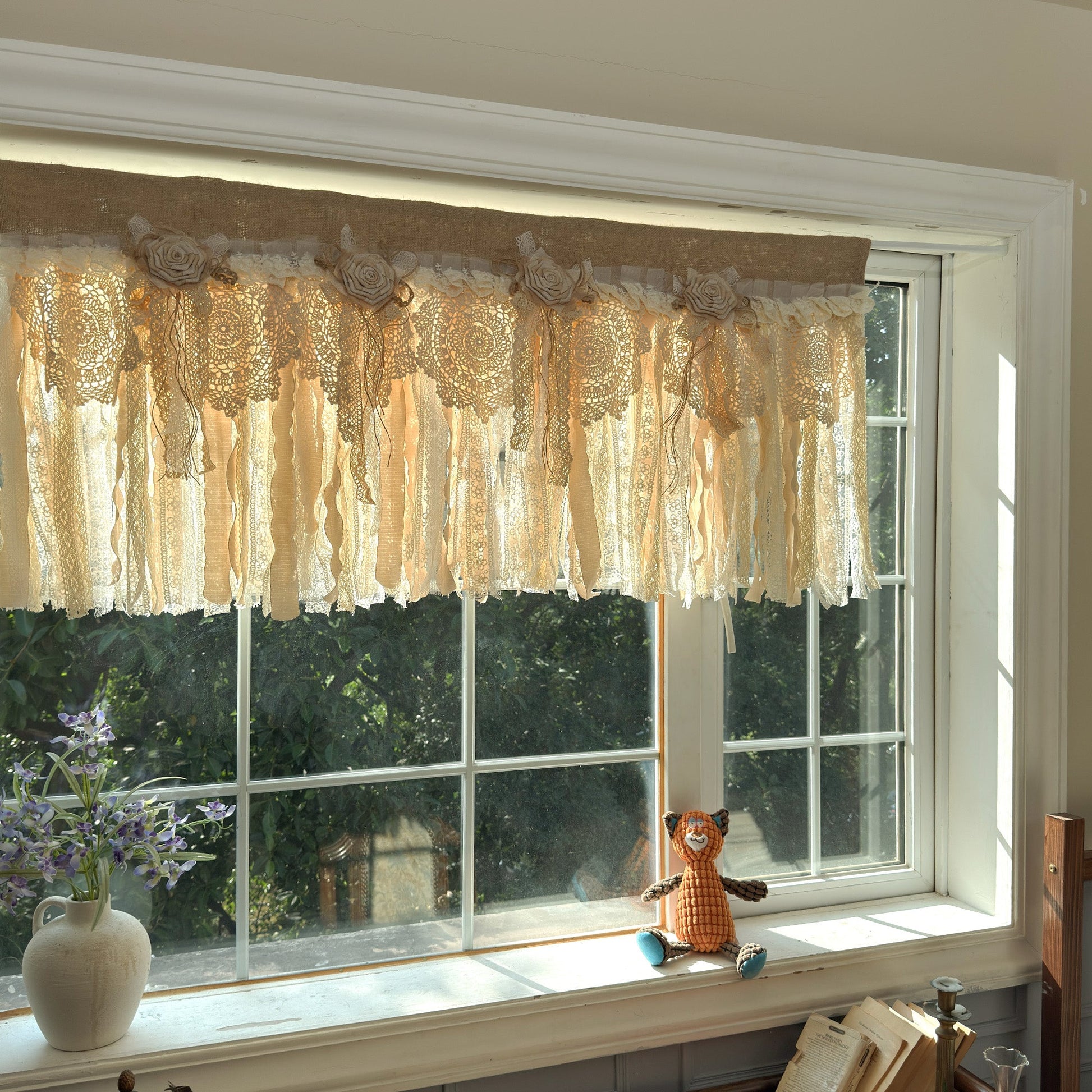 Rustic Burlap Beige Brown Lace Valance - UDreamHome