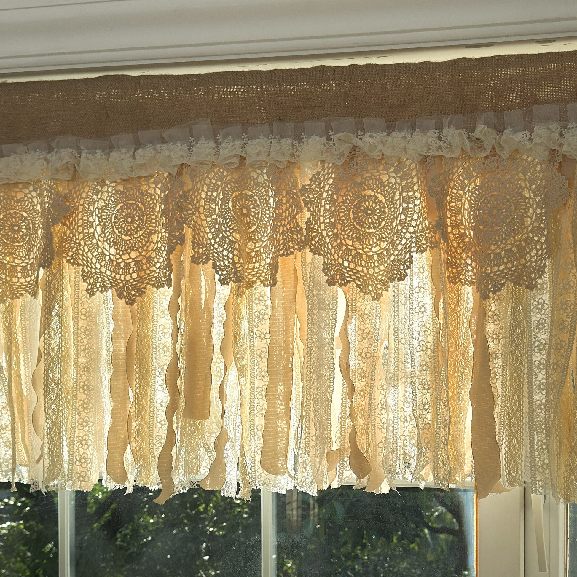 Rustic Burlap Beige Brown Lace Valance - UDreamHome