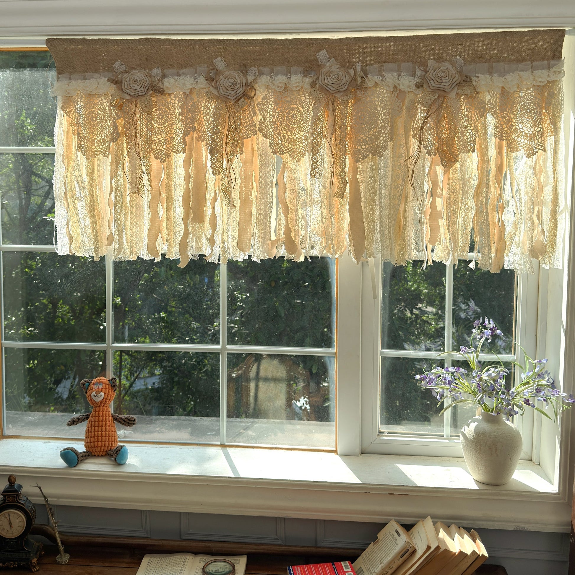 Rustic Burlap Beige Brown Lace Valance - UDreamHome