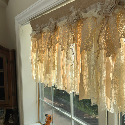 Rustic Burlap Beige Brown Lace Valance - UDreamHome