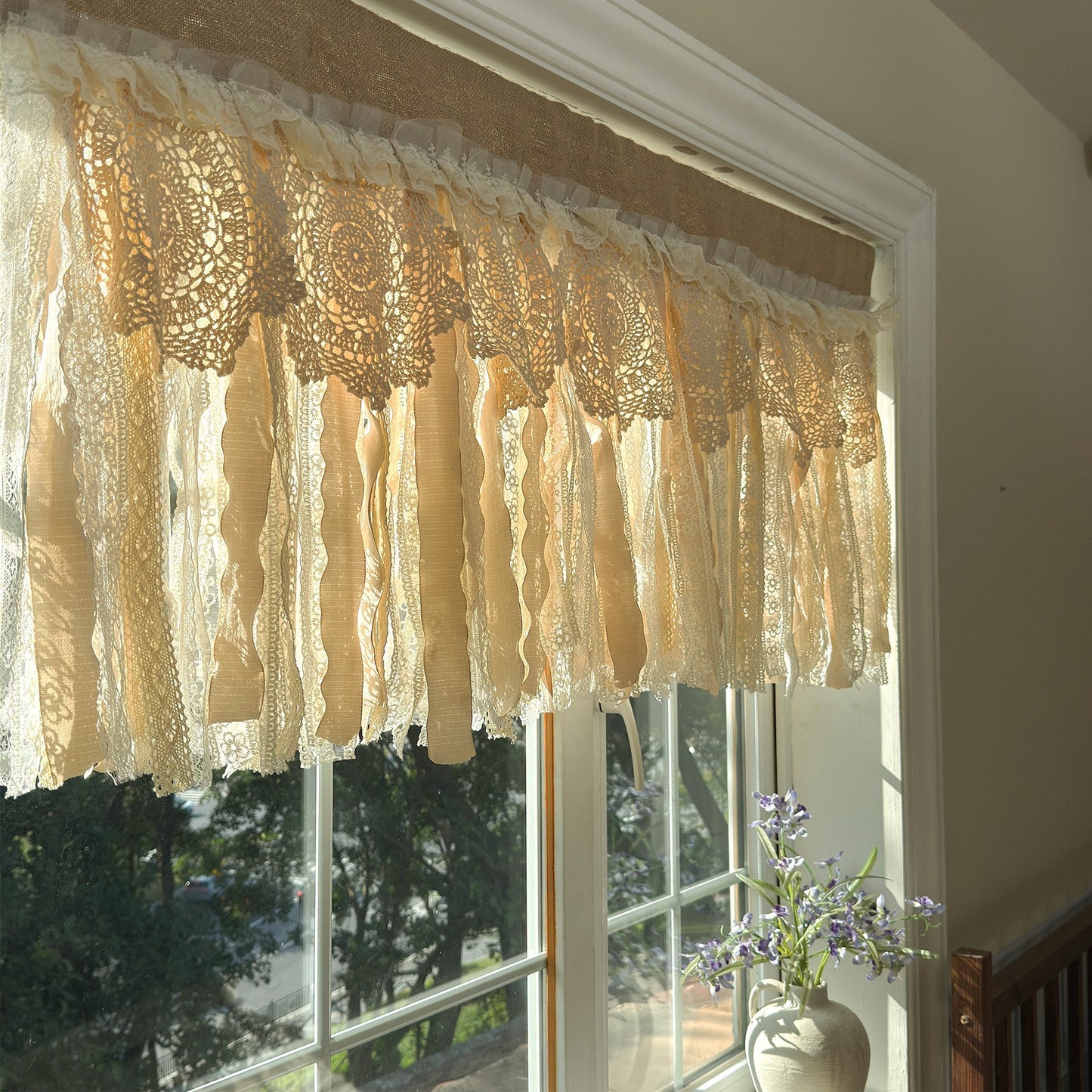 Rustic Burlap Beige Brown Lace Valance - UDreamHome