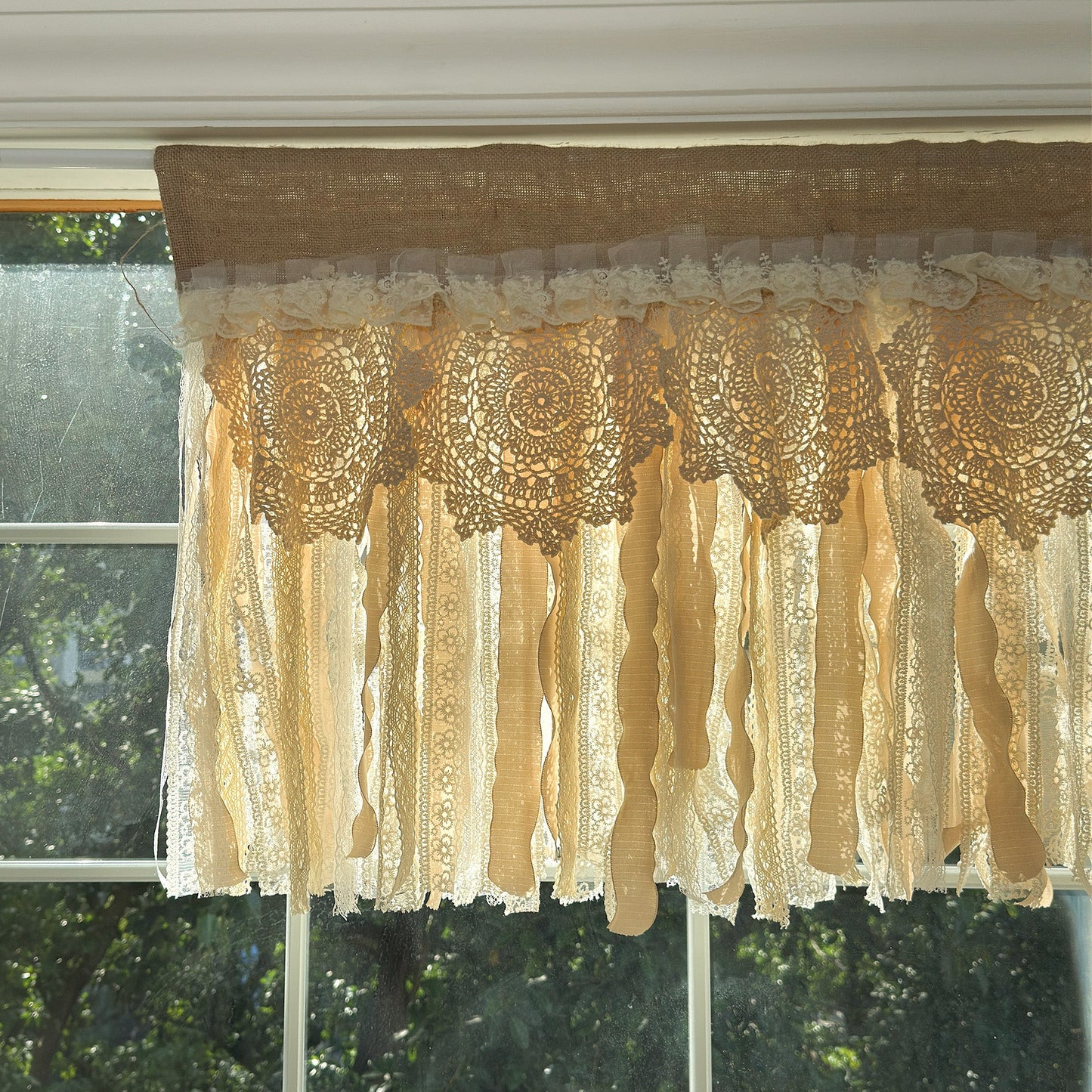Rustic Burlap Beige Brown Lace Valance - UDreamHome