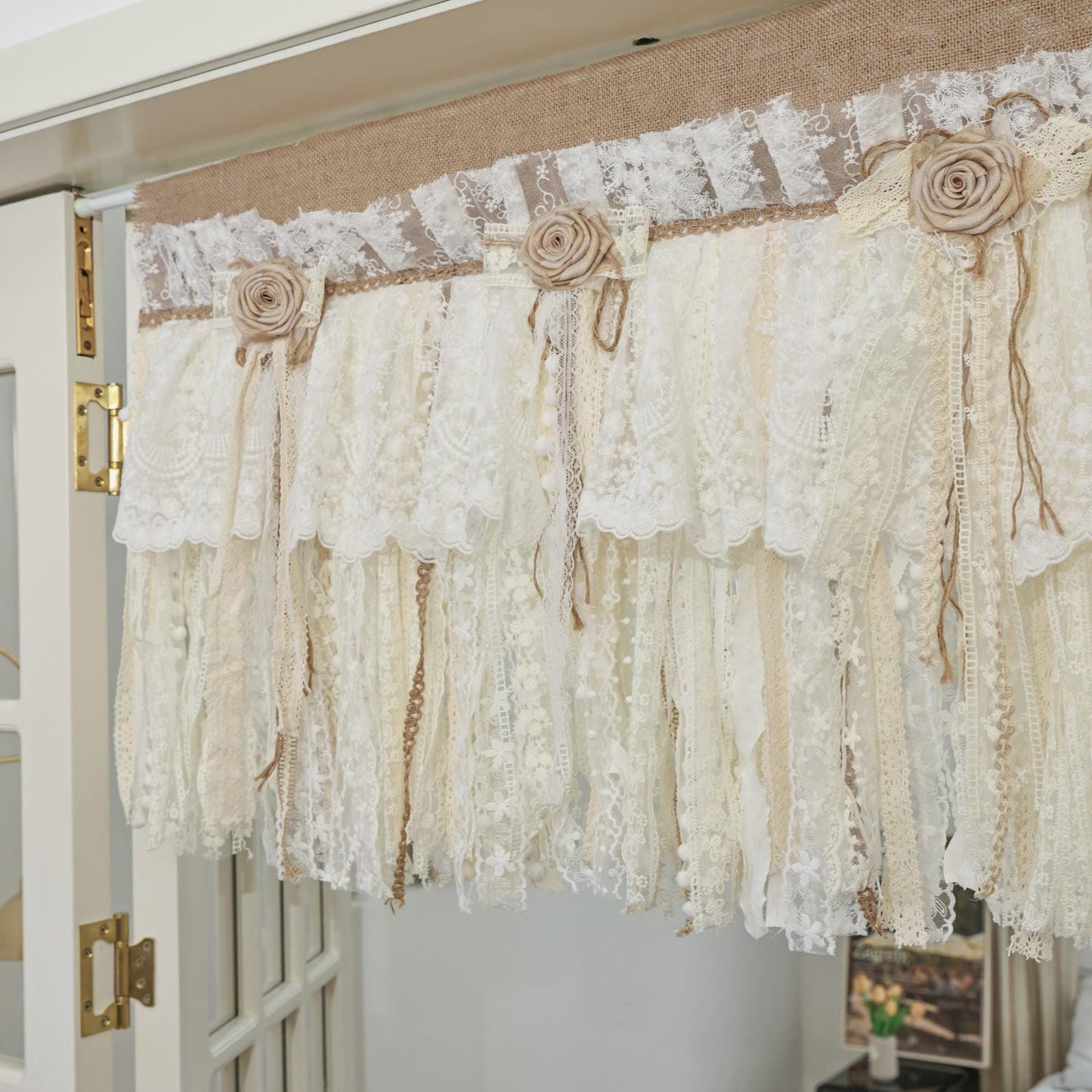 Rustic Burlap Beige Lace Bedroom Window Valance - UDreamHome
