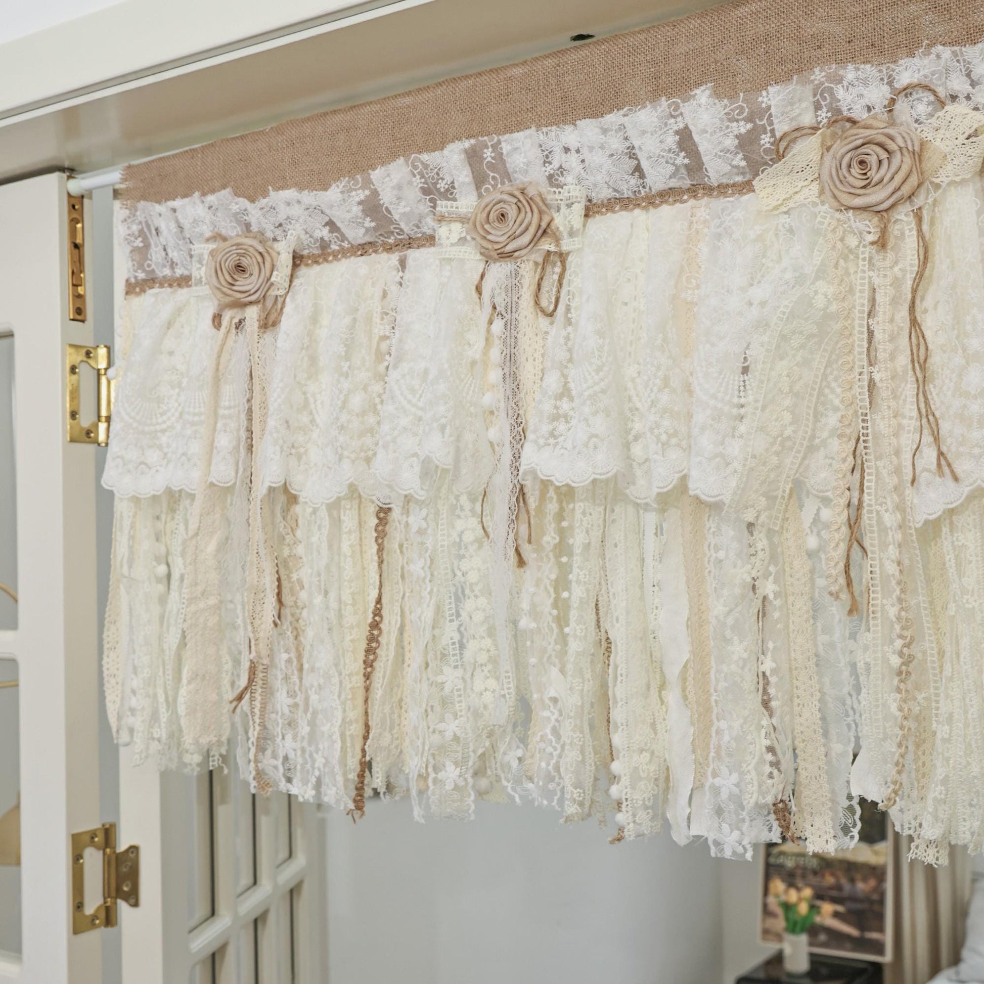 Rustic Burlap Beige Lace Bedroom Window Valance - UDreamHome