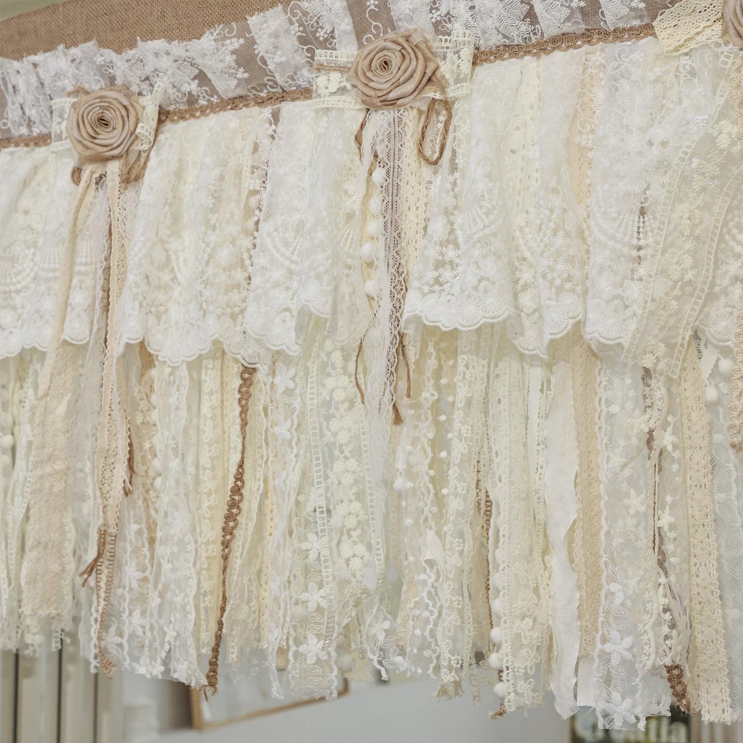 Rustic Burlap Beige Lace Bedroom Window Valance - UDreamHome