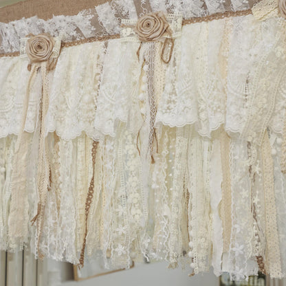 Rustic Burlap Beige Lace Bedroom Window Valance - UDreamHome