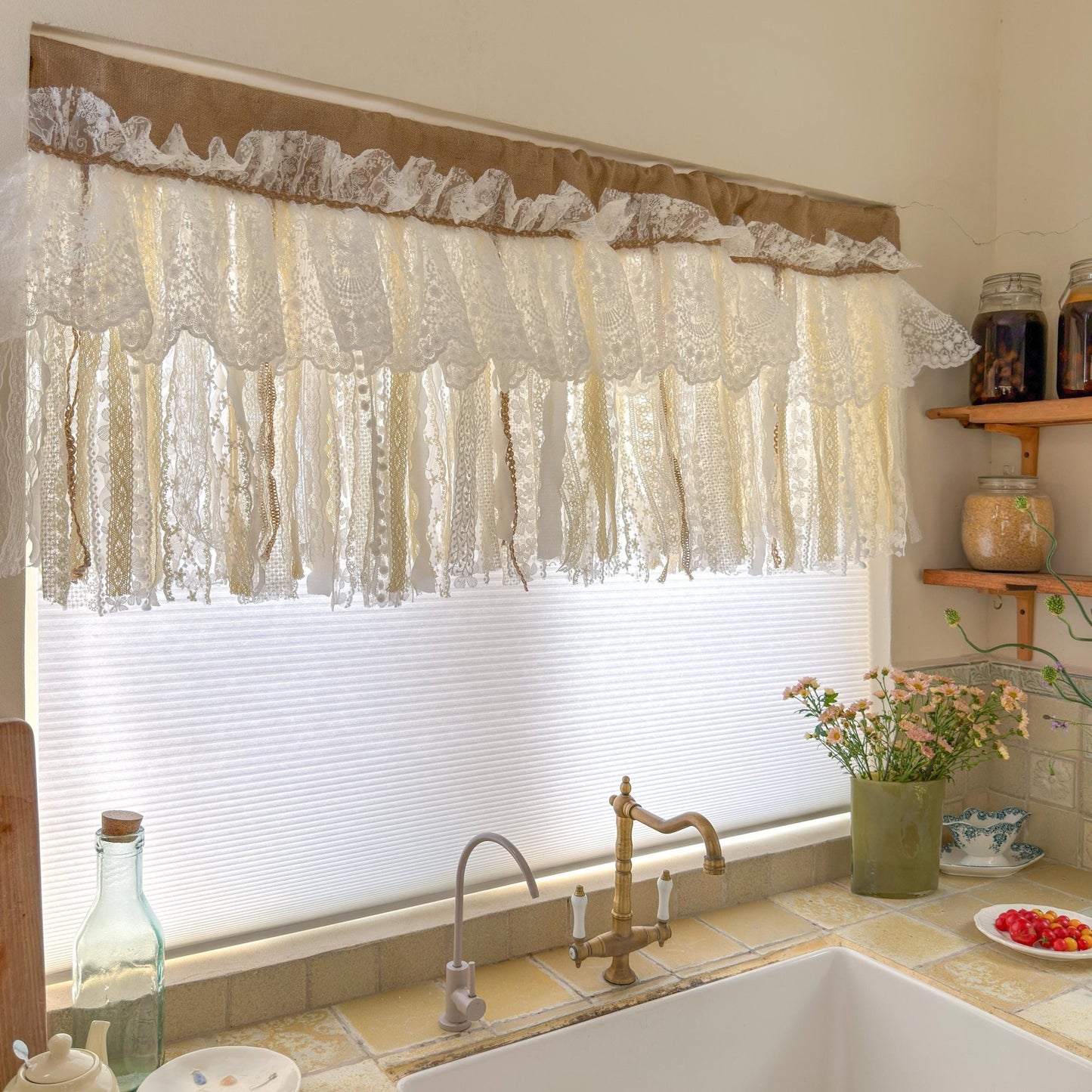 Rustic Burlap Beige Lace Bedroom Window Valance - UDreamHome