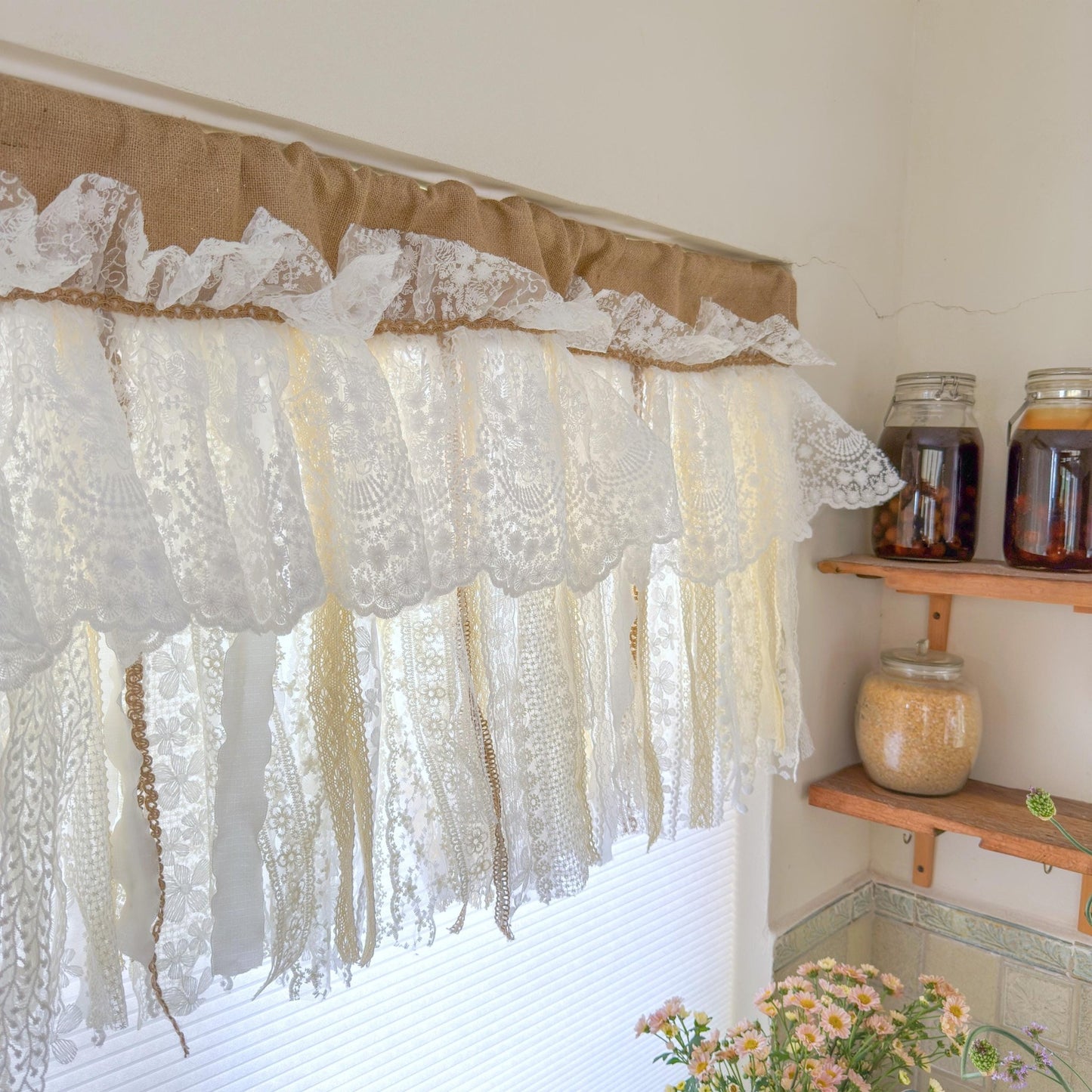 Rustic Burlap Beige Lace Bedroom Window Valance - UDreamHome