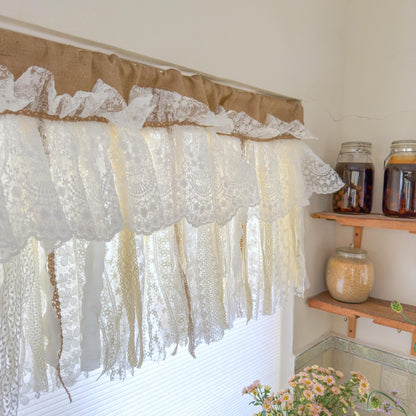Rustic Burlap Beige Lace Bedroom Window Valance - UDreamHome