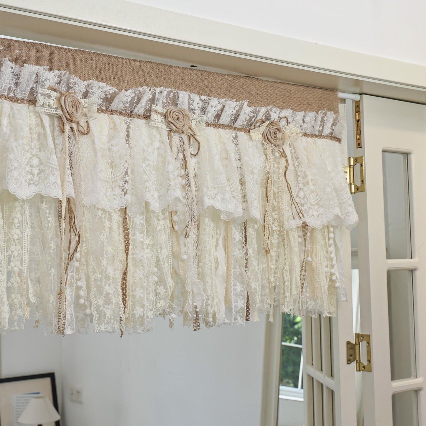 Rustic Burlap Beige Lace Bedroom Window Valance - UDreamHome