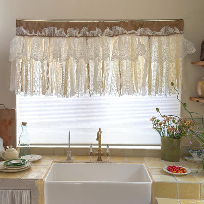 Rustic Burlap Beige Lace Bedroom Window Valance - UDreamHome