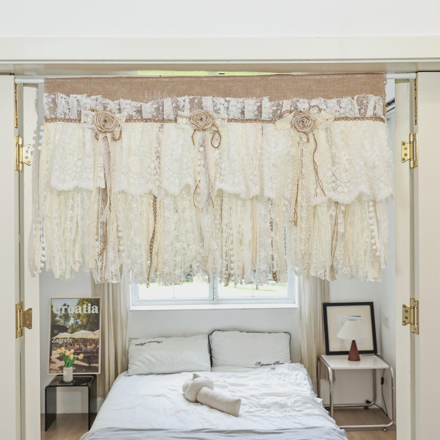 Rustic Burlap Beige Lace Bedroom Window Valance - UDreamHome