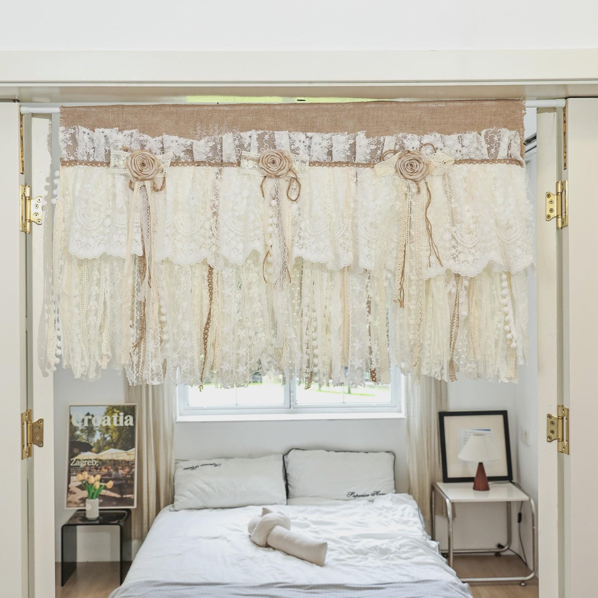 Rustic Burlap Beige Lace Bedroom Window Valance - UDreamHome