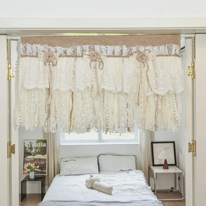 Rustic Burlap Beige Lace Bedroom Window Valance - UDreamHome