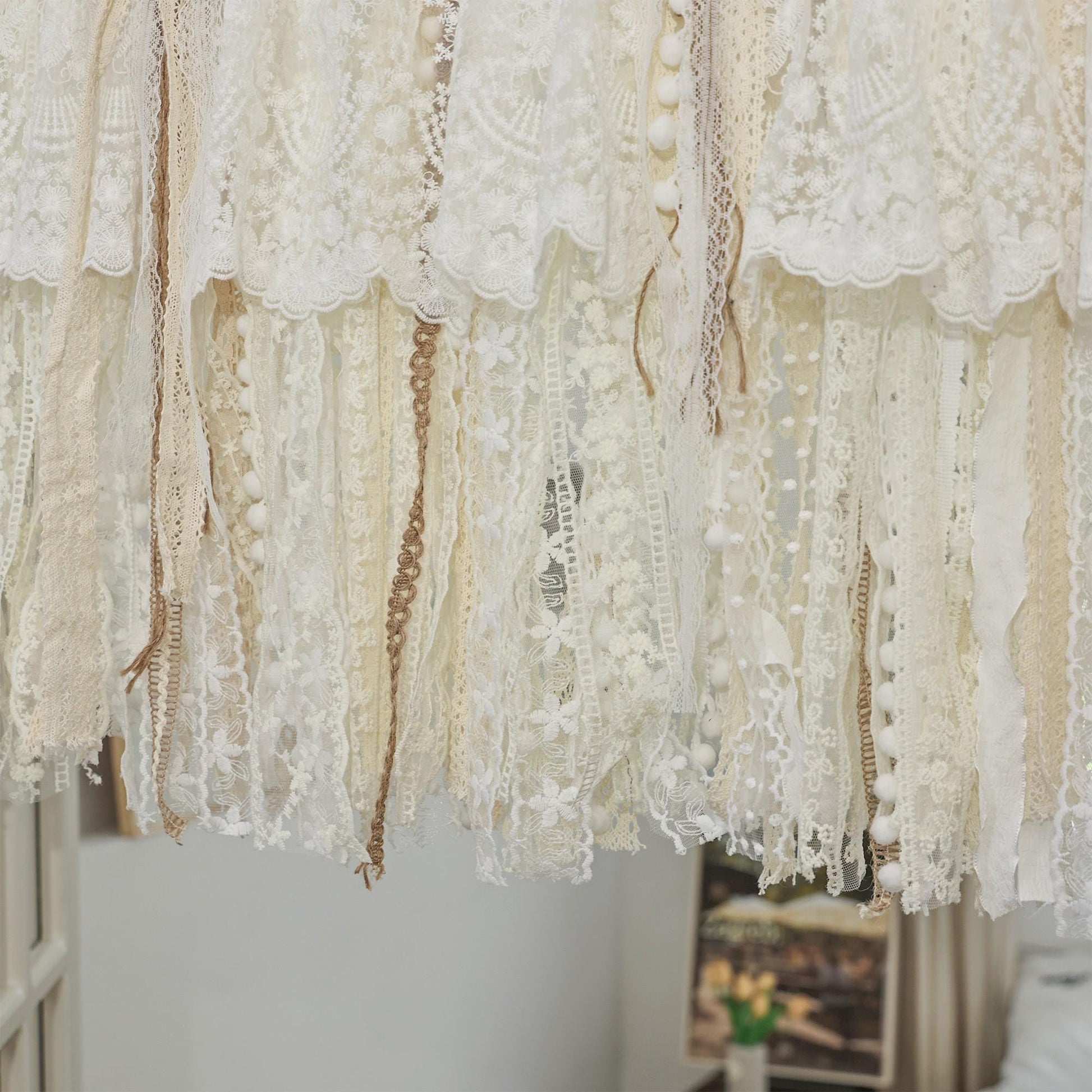 Rustic Burlap Beige Lace Bedroom Window Valance - UDreamHome