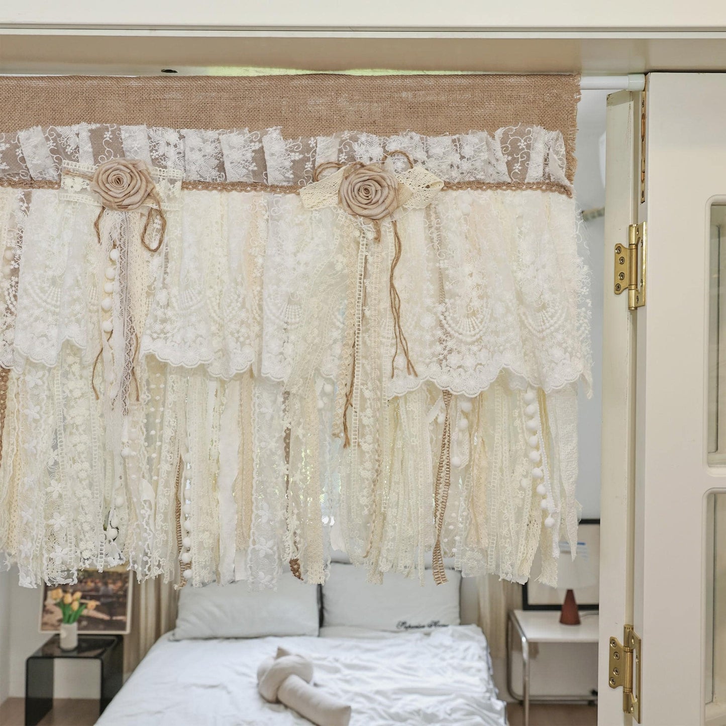 Rustic Burlap Beige Lace Bedroom Window Valance - UDreamHome