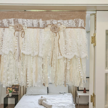 Rustic Burlap Beige Lace Bedroom Window Valance - UDreamHome