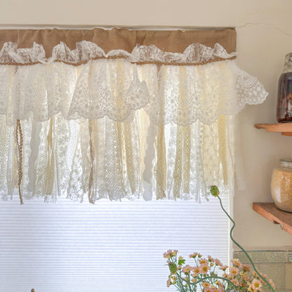 Rustic Burlap Beige Lace Bedroom Window Valance - UDreamHome