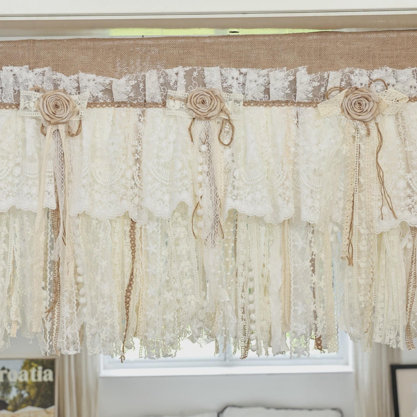 Rustic Burlap Beige Lace Bedroom Window Valance - UDreamHome