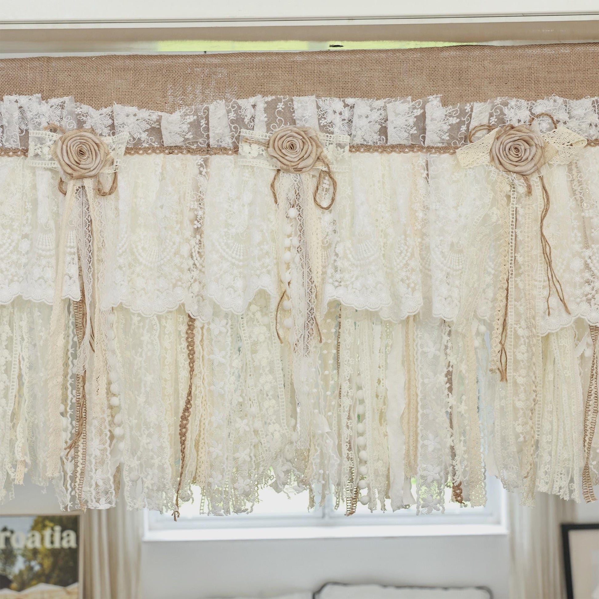 Rustic Burlap Beige Lace Bedroom Window Valance - UDreamHome