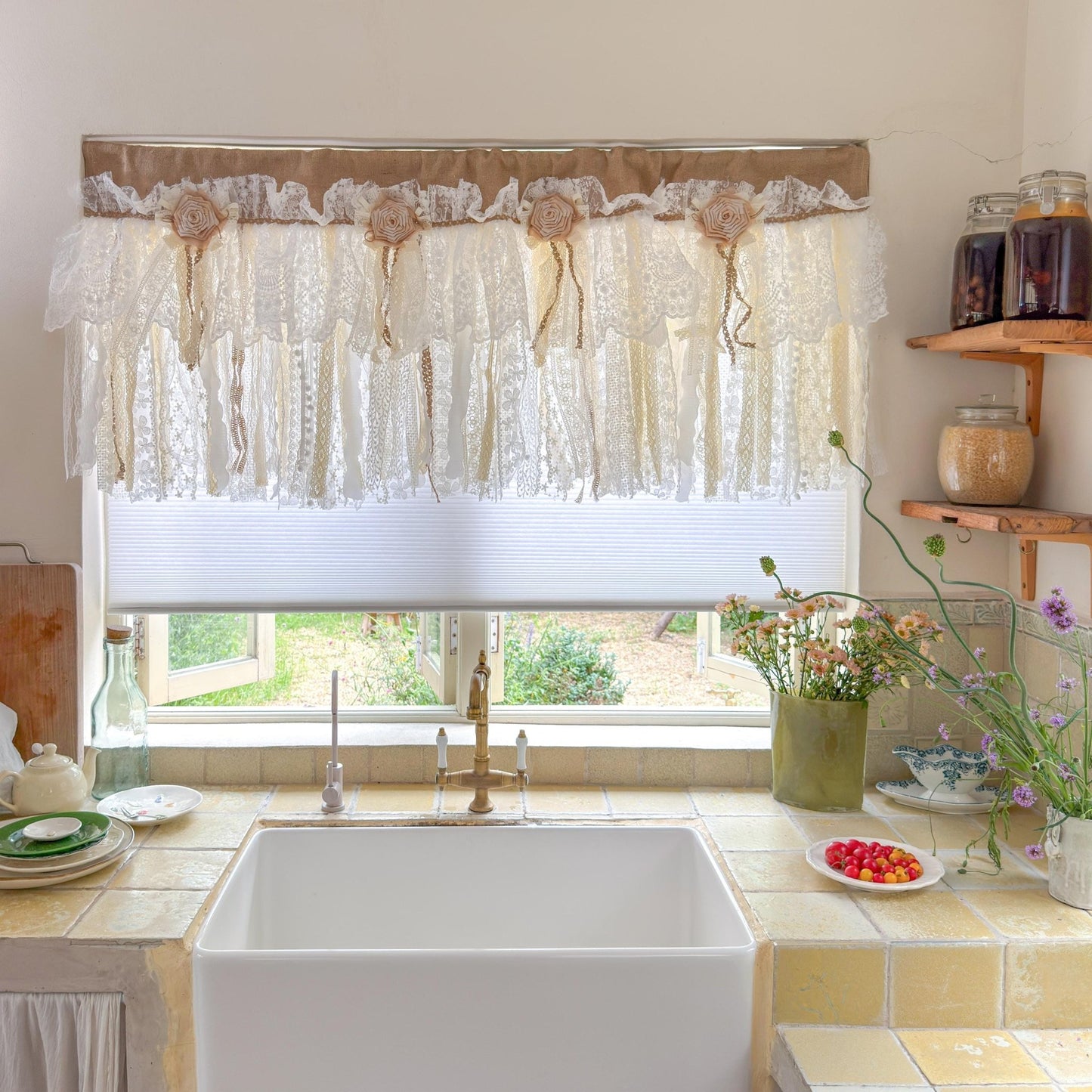 Rustic Burlap Beige Lace Bedroom Window Valance - UDreamHome