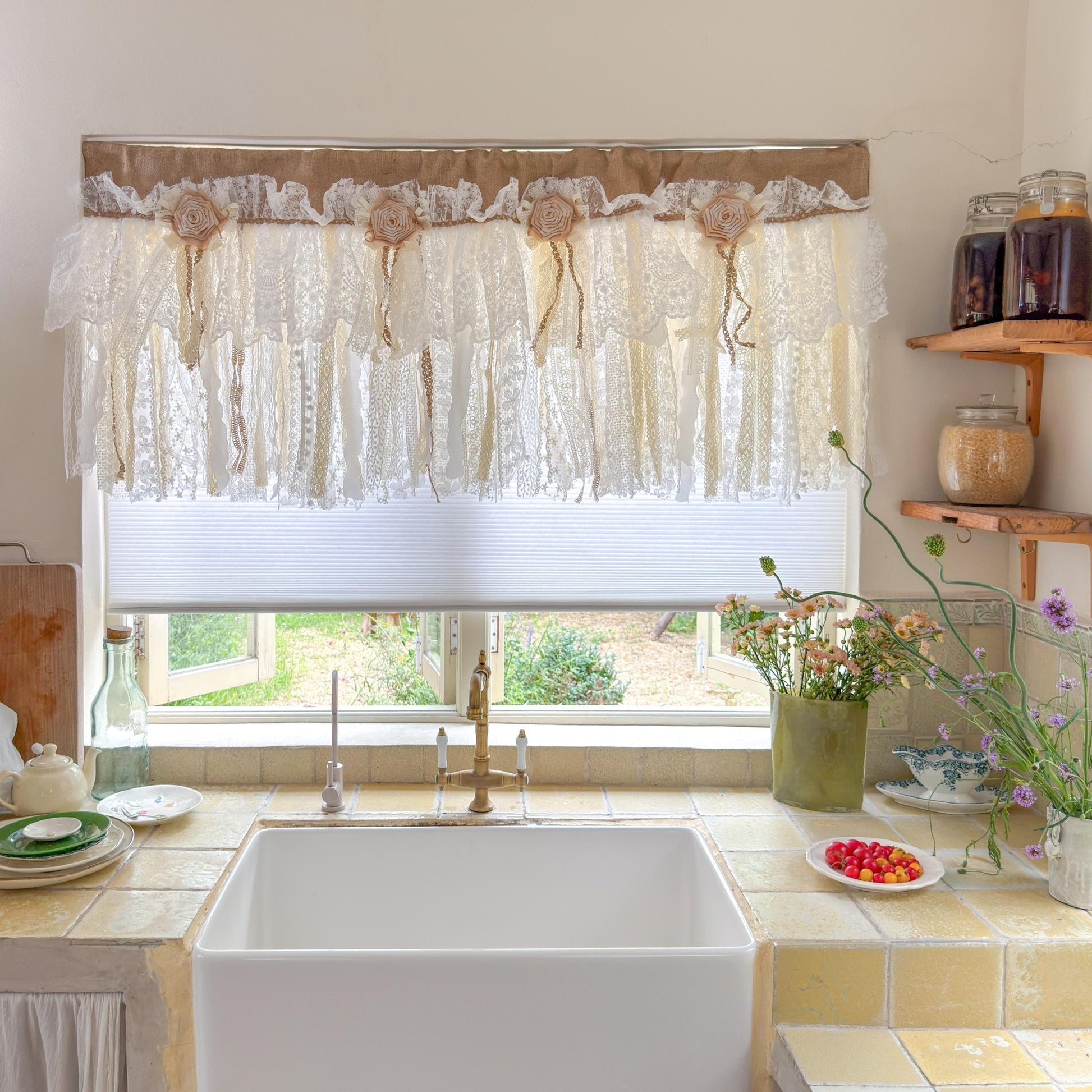 Rustic Burlap Beige Lace Bedroom Window Valance - UDreamHome